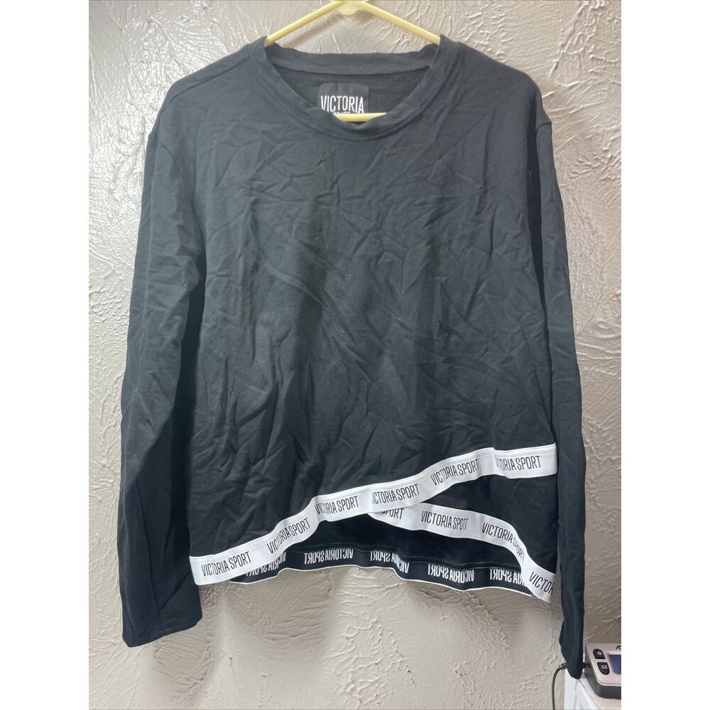 Victoria Sport Black Strappy Fleece‎ Lined Cropped Long Sleeve Crew Neck Size XL